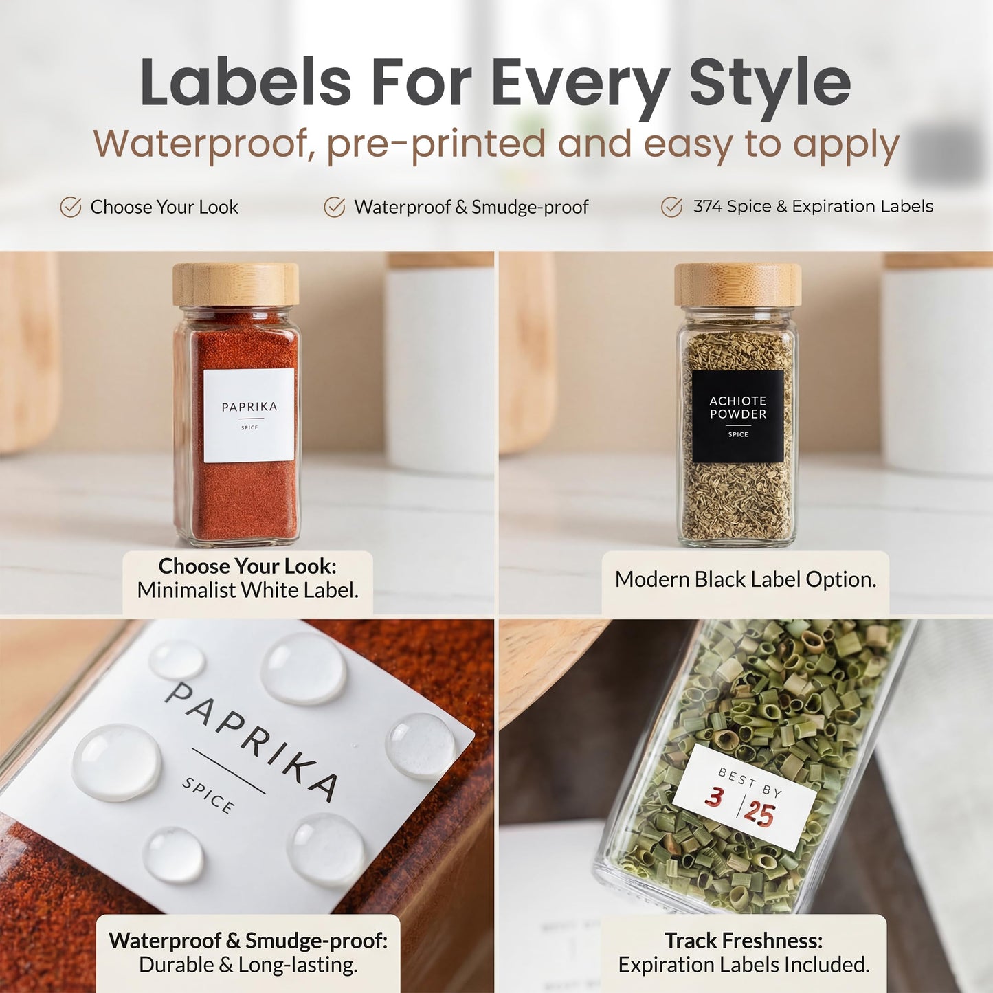 SAVVY & SORTED Glass Spice Jars with Label, 24PK Bamboo Jar Spices Set 4oz, 374 Spice Labels, Pepper Grinder, Empty Herb Seasoning Containers, Funnel and Shaker Lids