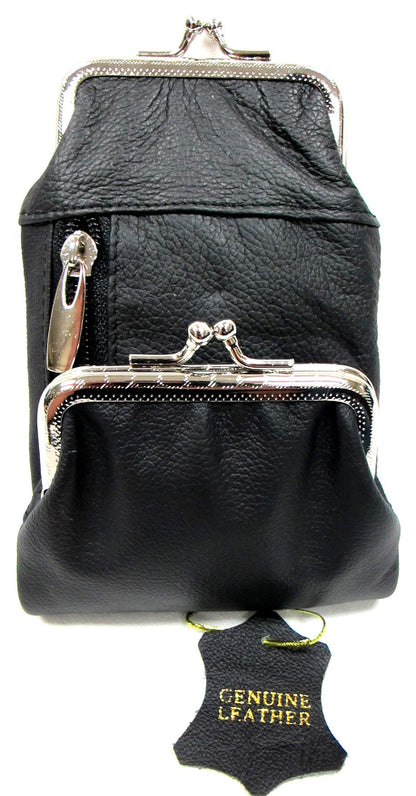 Deluxe Genuine Leather Cigarette and Lighter Case with Zipper Pocket Twist Clasp Kiss Lock Closure Fit 100's - Black