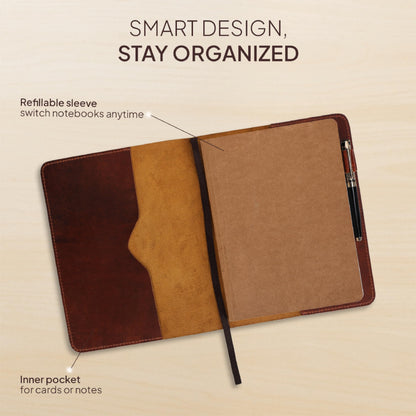 TheAntiq Tan B5 Journal Cover for Field Notes - 7.5x10 XL Leather Notebook Cover Planner Cover, Refillable Leather Journal Cover, Composition Notebook Cover & Diary Cover for Travel