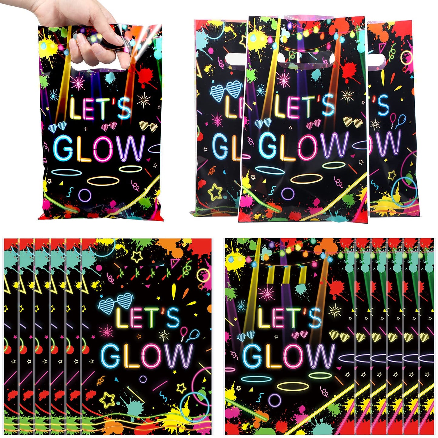 Pajean 100 Pieces Let's Glow Party Bags in the Dark Supplies Neon Goodie Candy with Die Cut Handles Theme Treat Gift for Kids Birthday Baby Shower Decorations