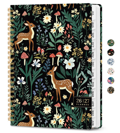 Academic Planner 2026-2027, Monthly and Weekly Calendar Planner, July 2026 - June 2027, Pretty Hardcover Teacher Student Planning Agenda Book with Tabs, Fit for School Office Supplies, 6.3" x 8.5", Forest Fawns