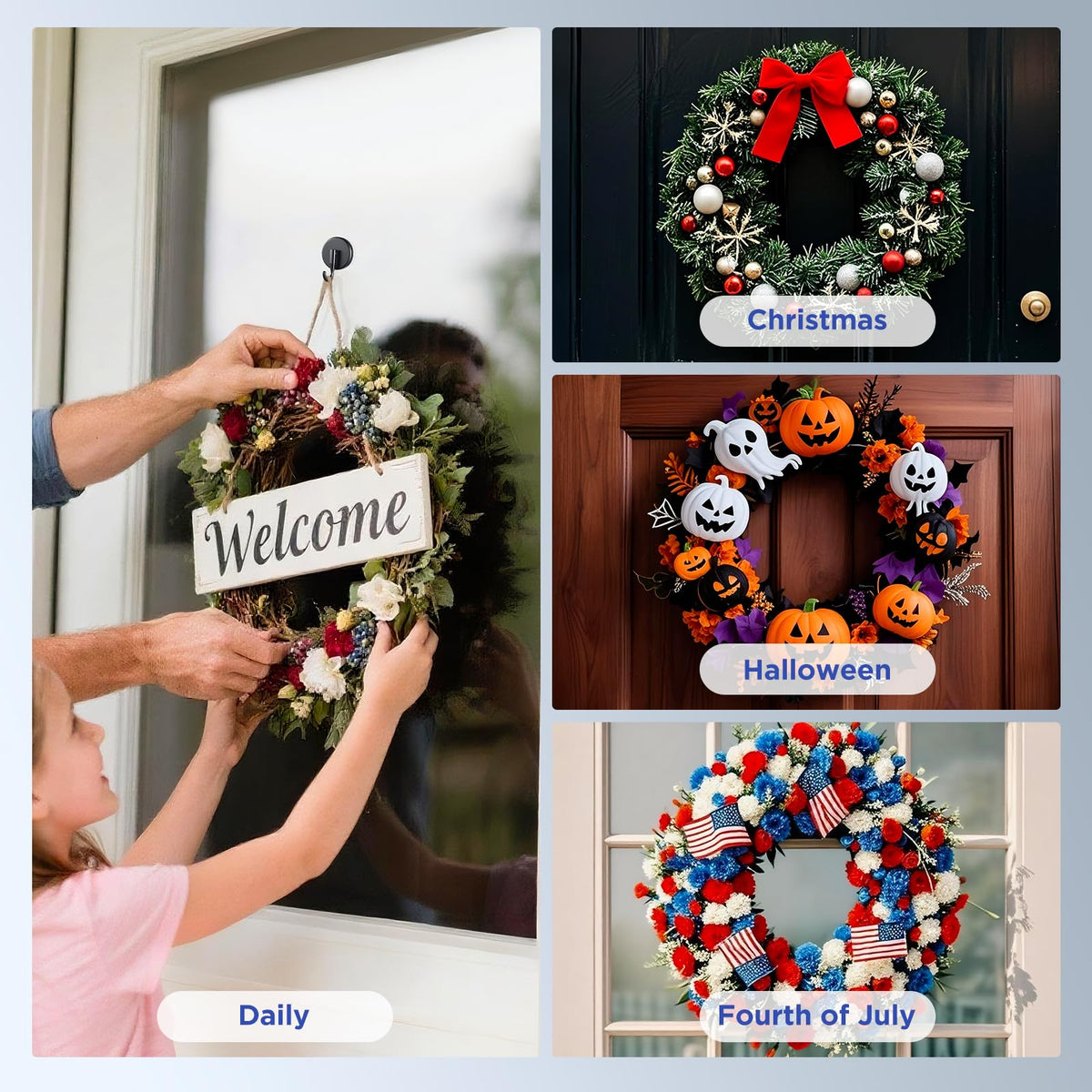 OUTXE Wreath Hanger for Front Door, Upgraded Suction Cup Reef Hook for Glass Window/Over Door, Christmas/Thanksgiving/Halloween/July 4th/Easter/Valentine/Spring/Summer/Fall (Black, 4-Pack)