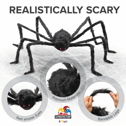 X-Protector Halloween Giant Spider - 2 PCS Pack Big Halloween Spider Decorations - Large 60" Outdoor Spiders Decor - Black Scary Indoor Party Decoration [Web not Included]