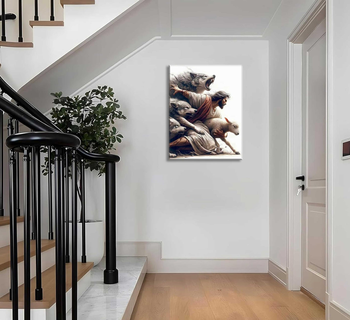 Jesus and Lamb Canvas Wall Art Jesus Protecting Lamb from Wolves Poster Painting Christian Picture Wall Decor Bible Stories Print for Living Room Bedroom Church Decor Framed