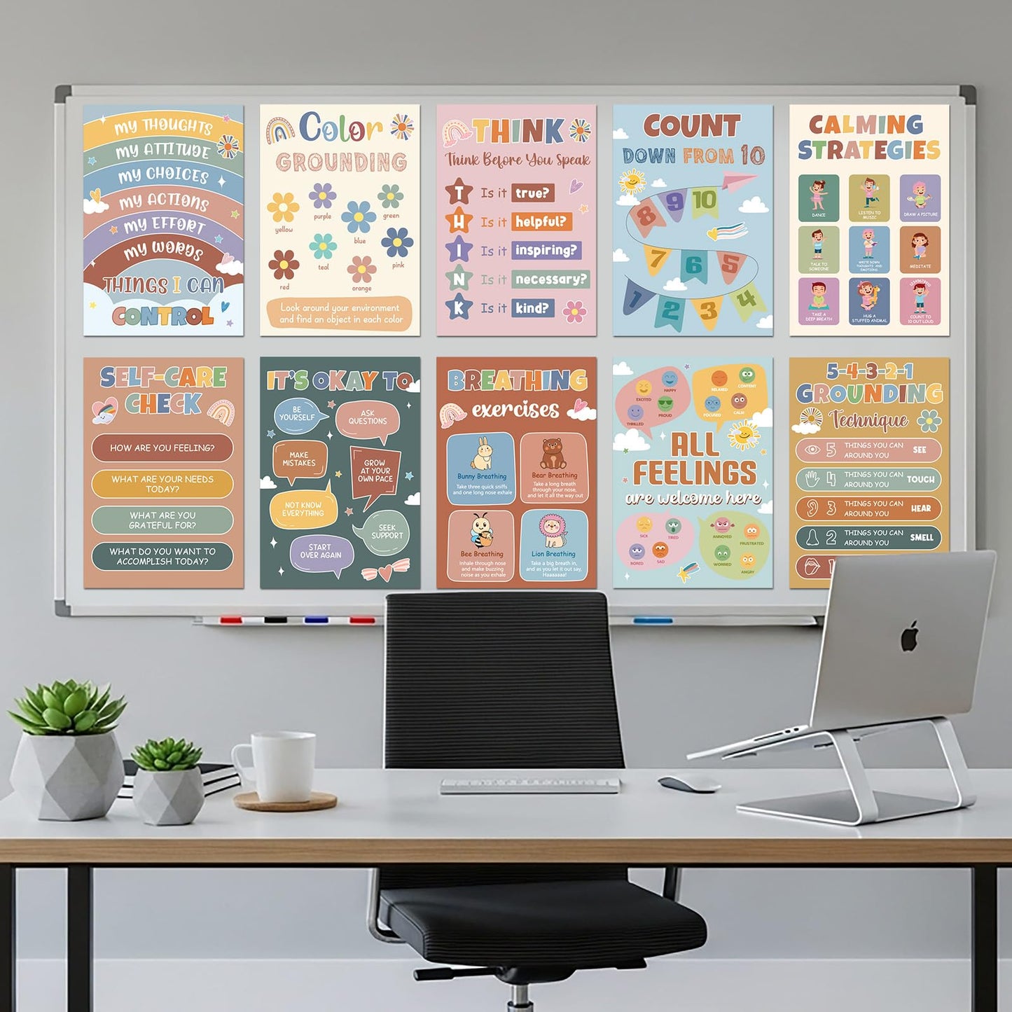 12Pcs Calming Corner Posters for Classroom Calm Down Boho Emotions Feeling Poster for Kids Inspirational Back to School Wall Decor Motivational Mental Health Posters for Office Home Teacher Supplies