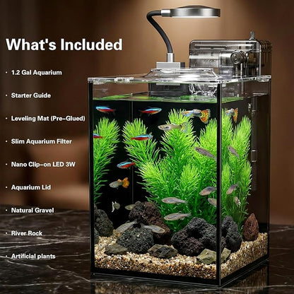 1.2 Gallon Small Aquarium Set Glass Fish Tank,Desktop Small Aquarium Kit for Beginners and Children to Keep Betta Fish, Goldfish, Shrimp, and Aquatic Plants (Black, 1.2 Gallon (Complete Kit))