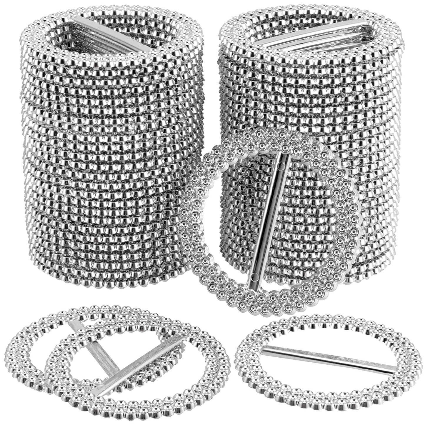 JOIKIT 250 PCS 60mm Silver Round Rhinestone Ribbon Buckle, 2.36 Inch Acrylic Chair Sash Buckles Slider for Wedding Banquet Party Decoration