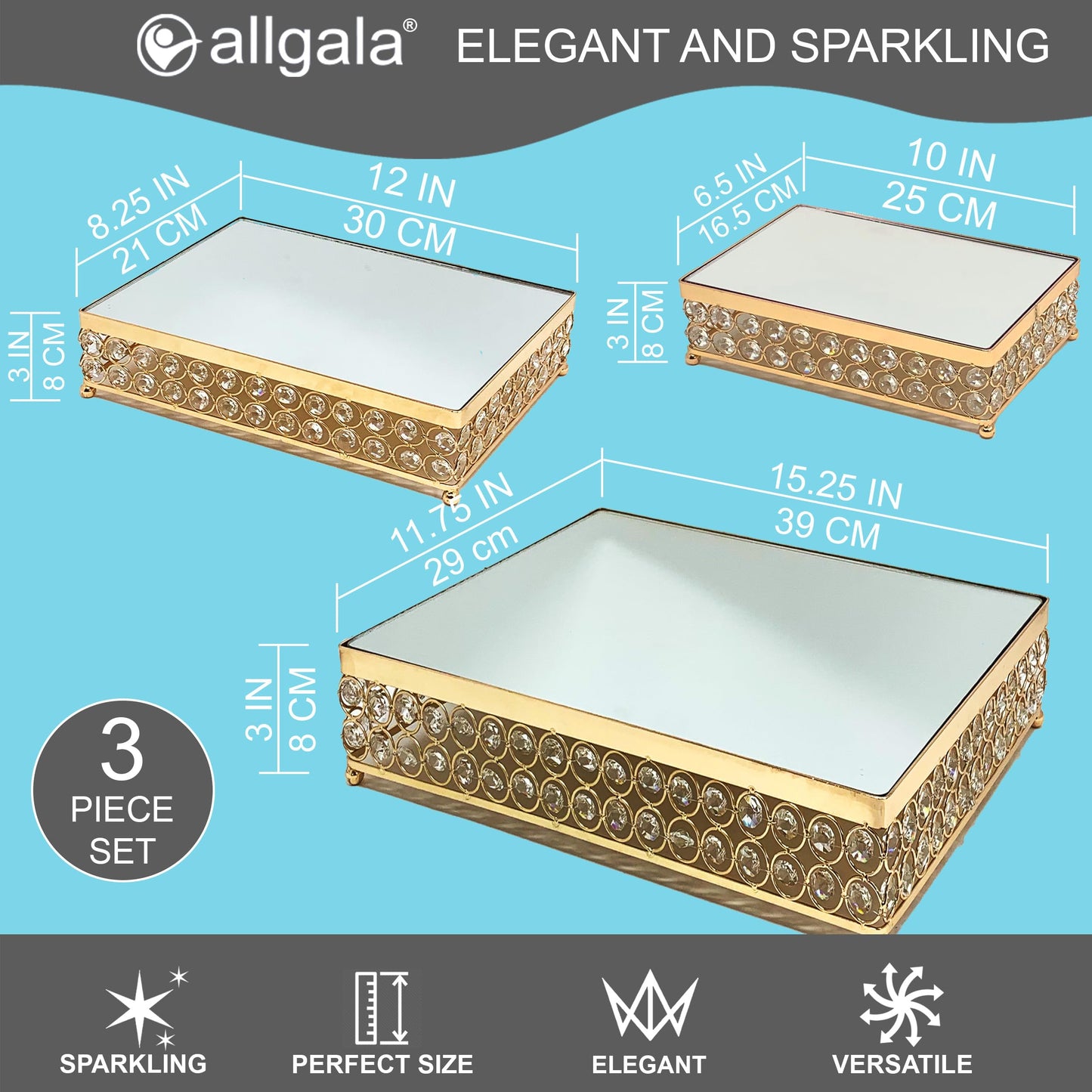 Allgala Wedding Cake Stands 3-Piece Set Crystal Gold Plated Cheese Dessert Cupcake Cake Stand with Mirror Plate-Gold Rectangle-HD89203