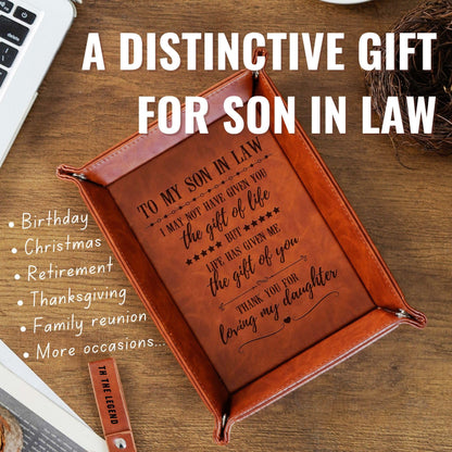 INNObeta Son in Law Gifts Valet Tray from Dad, Mom, Desktop Storage Organizer PU Leather Bedside Tray Key Coin Holder for Birthday, Christmas