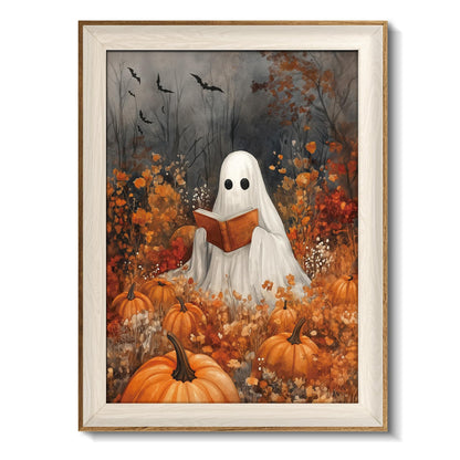VIYYIEA Framed Wall Art for Living Room, Reading Ghost Canvas Prints, Autumn Home Decor, Halloween Painting Picture, Bathroom Wall Decor Gifts for Friends or Family -【Reading Ghost】-(16L x 12W)