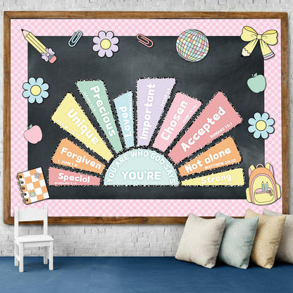 Gueevin 52 Pcs Christian Bulletin Board Decoration Set Composition Pastel Checkerboard Classroom Paper Cutouts Religious Bible Inspirational Bulletin Board for Back to School Sunday School Home Church