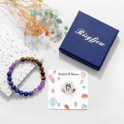 Risyfjew Natural Healing Crystal Bracelet for Women Anxiety Relief Bracelets Calming Jewelry Gifts Worry Stone Amethyst Tiger Eye Sodalite
