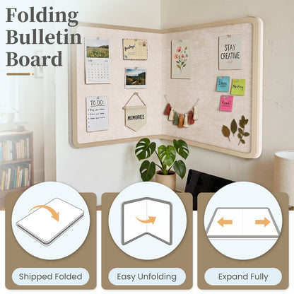 KERRAM Bulletin Board, 48 x 36 inches Decorative Felt Board Foldable Photo Board Pin Boards, Cork Board Alternative for Walls, Office, Home, Classroom with Pushpins ＆ Small Storage Bag, Beige