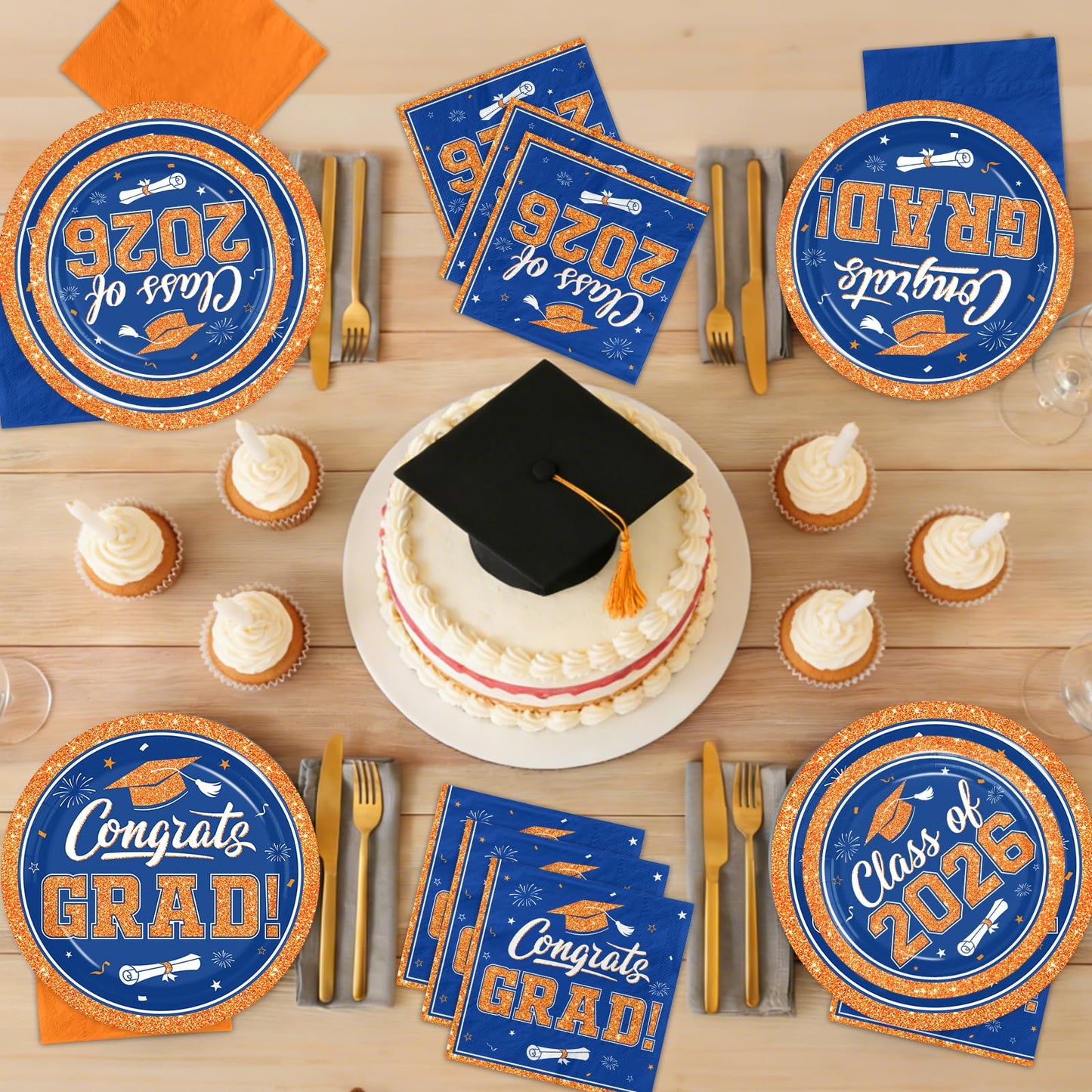 Gexlaju Graduation Plates and Napkins 2026,200pcs Orange and Blue Graduation Decorations 2026 Disposable Congrats Grad Paper Plates for Class Of 2026 Party Supplies,Serve 50