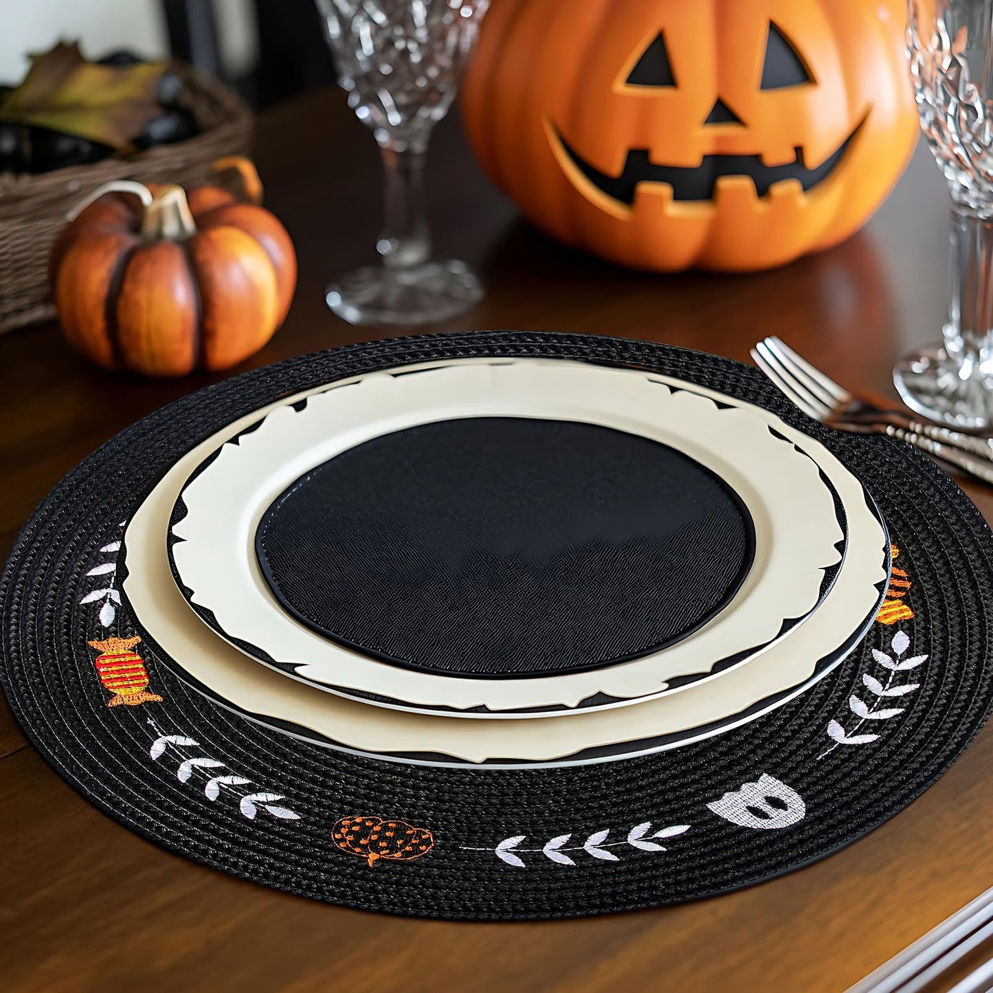 Whaline 4 Pcs Round Halloween Placemats Embroidered Place Mats Spooky Ghost Pumpkin Candy Dinner Table Mats for Home Halloween Trick or Treat Party Table Decor