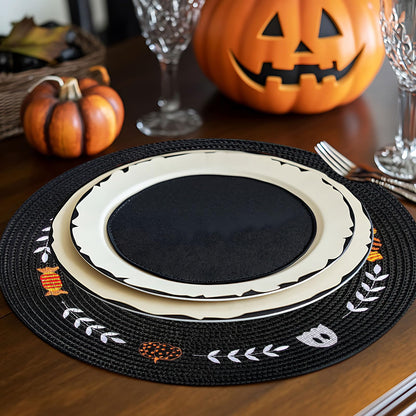 Whaline 4 Pcs Round Halloween Placemats Embroidered Place Mats Spooky Ghost Pumpkin Candy Dinner Table Mats for Home Halloween Trick or Treat Party Table Decor