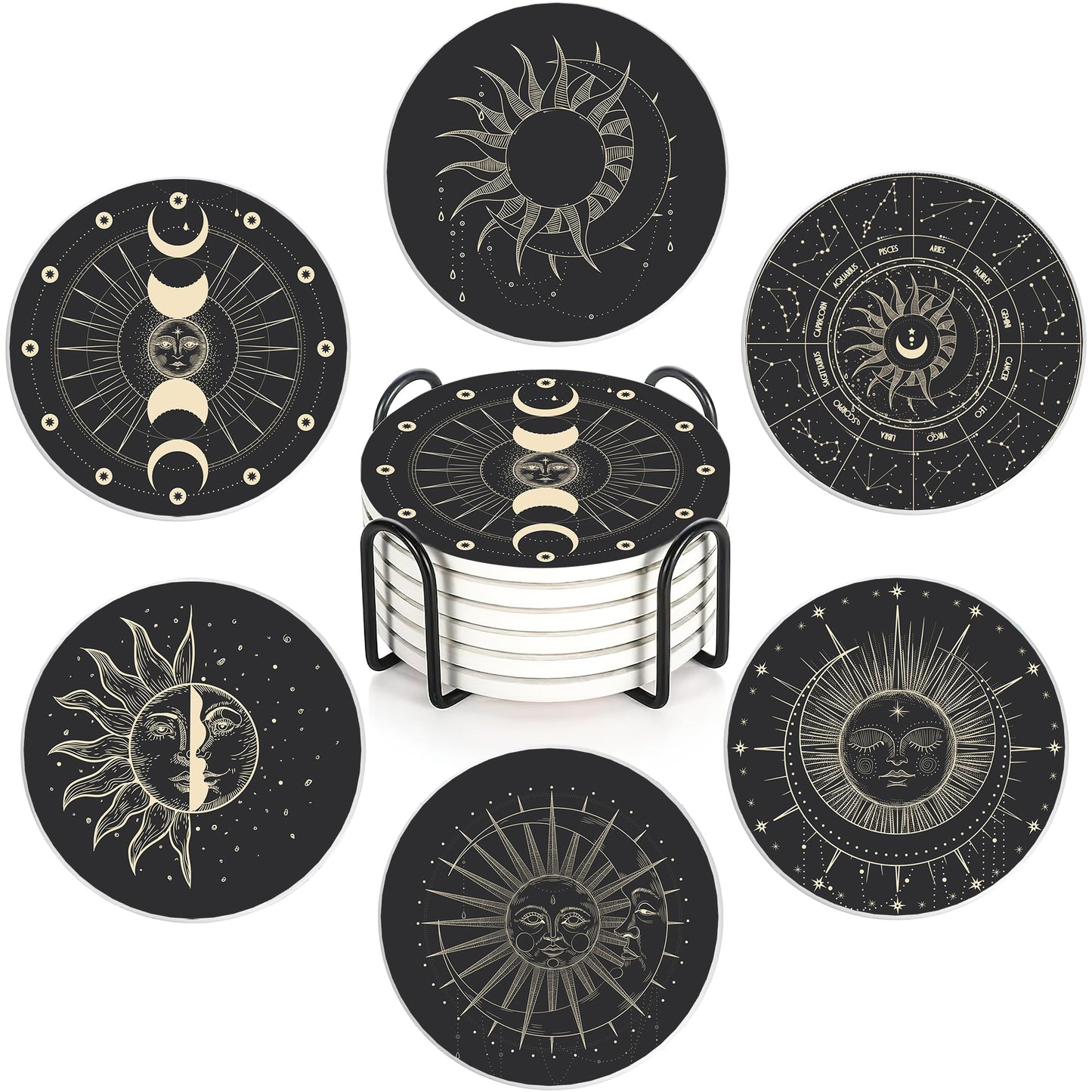 6-Pack Moon Phase Coasters Set with Holder - Absorbent Ceramic Drink Pads, Non-Slip Table Protectors for Coffee & Glasses