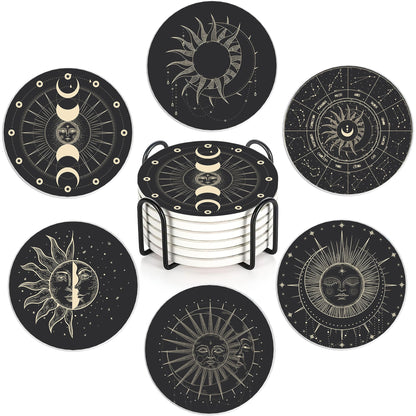 6-Pack Moon Phase Coasters Set with Holder - Absorbent Ceramic Drink Pads, Non-Slip Table Protectors for Coffee & Glasses