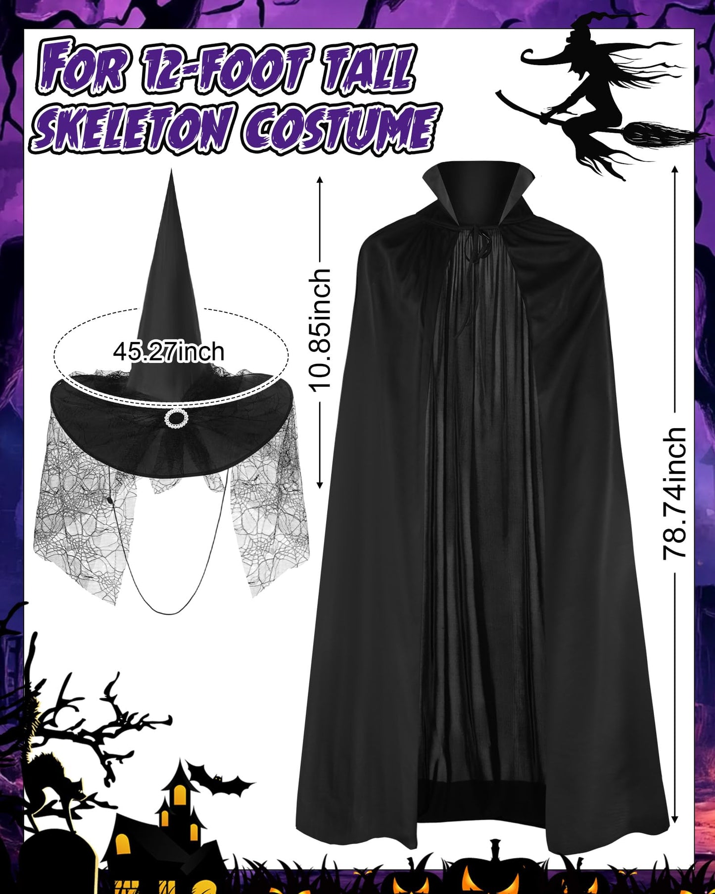 Tarpop Halloween 12 ft Skeleton Outfit Set Giant Skeleton Witch Theme Costume Includes Witch hat and Cloak for Halloween Decorations Outdoor Yard Haunted House Prop Decorations