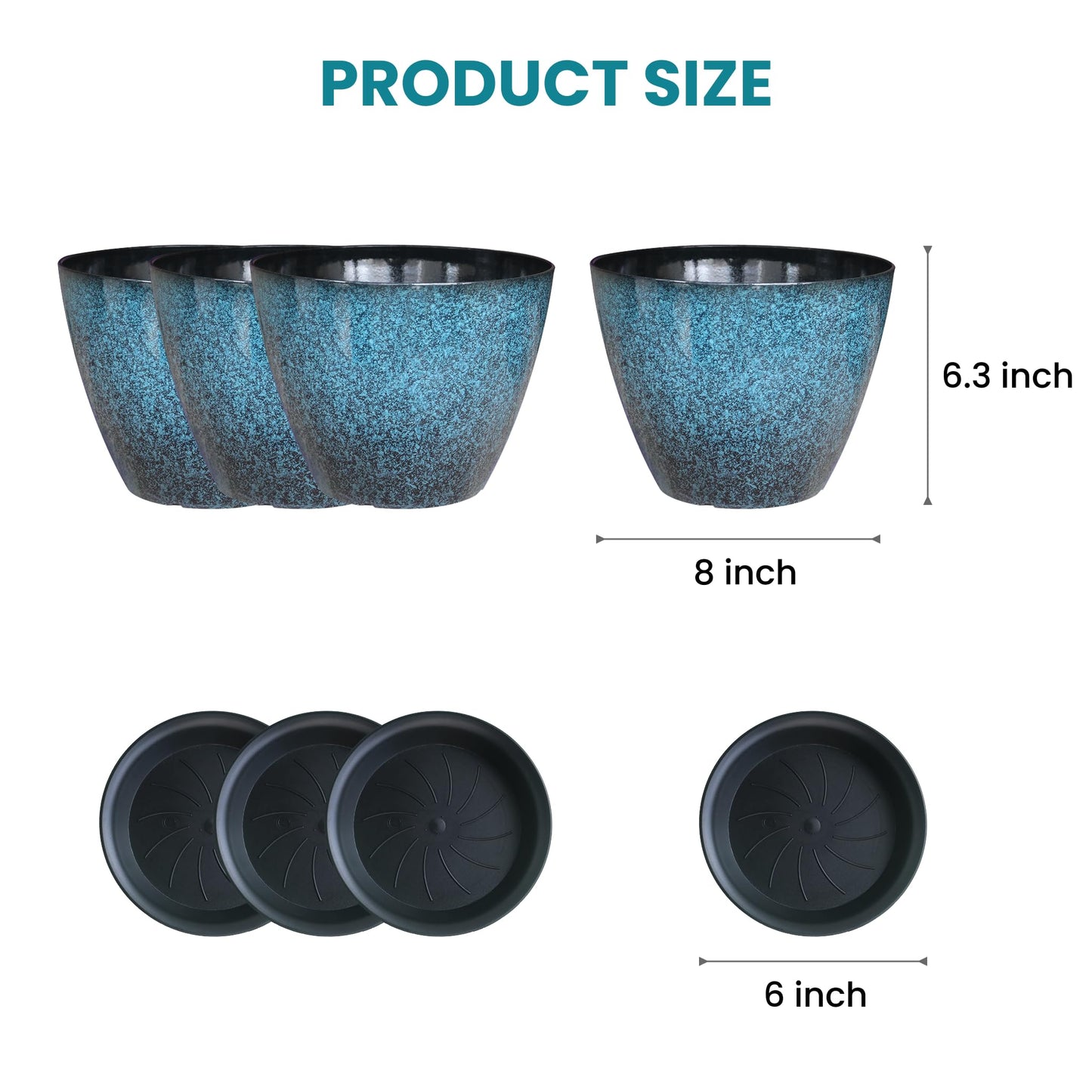 Vanslogreen 8 inch Plant Pots, Pack of 4 Plastic Planter for Indoor Outdoor Plant with Drainage Holes and Saucers, Flower Pots for Garden Home Decor (Blue, 4pcs)