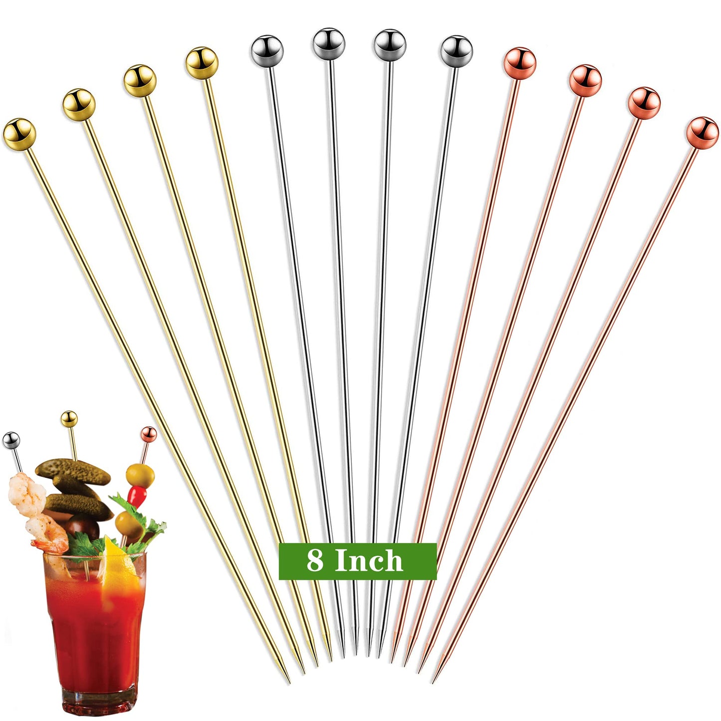 12PCS Bloody Mary Skewers Gift Set, 8 Inch Stainless Steel Cocktail Picks Metal Bloody Mary Accessories, Reusable Cocktail Skewers Bar Toothpicks for Drinks,4 silver 4 gold 4 rose gold