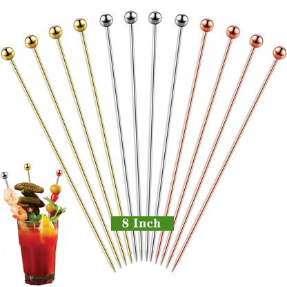 12PCS Bloody Mary Skewers Gift Set, 8 Inch Stainless Steel Cocktail Picks Metal Bloody Mary Accessories, Reusable Cocktail Skewers Bar Toothpicks for Drinks,4 silver 4 gold 4 rose gold
