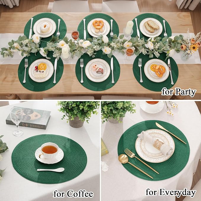 SHACOS Dark Green Round Placemats Set of 6 Cotton Polyester Braided 15 inch Washable Kitchen Dining Table Place Mats Christmas Table Mats for Home Wedding Party Decor