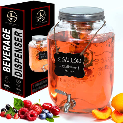 2-Gallon Glass Liquor Decanter Drink Dispenser for Parties - 100% Leakproof Stainless Steel Spigot + Marker & Label and Fruit Infuser, Water Beverage Dispenser Liquid Laundry Detergent Dispenser