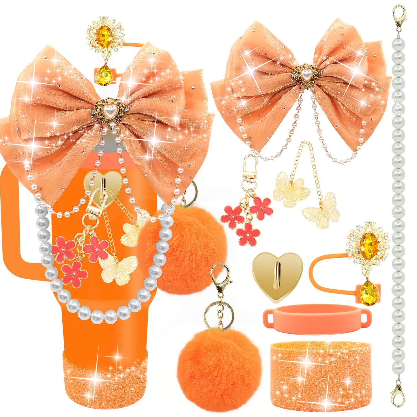 LBU Bling Stanley Cup Accessories for 40/30/20 oz Tumbler with Handle Including Orange Glitter Bow Straw Topper, Heart Straw Cover, Pearl Water Bottle Handle Strap, Boot, Pom-Pom, Keychain Charms