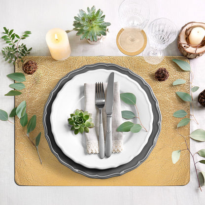 comfoyar Faux Leather Placemats Set of 6 with Coasters, 12x17inch Non-Slip Heat Resistant Dual-Sided Gold Crackled Place Mats, Washable Waterproof Table Mats for Kitchen Dining Party Table Decoration
