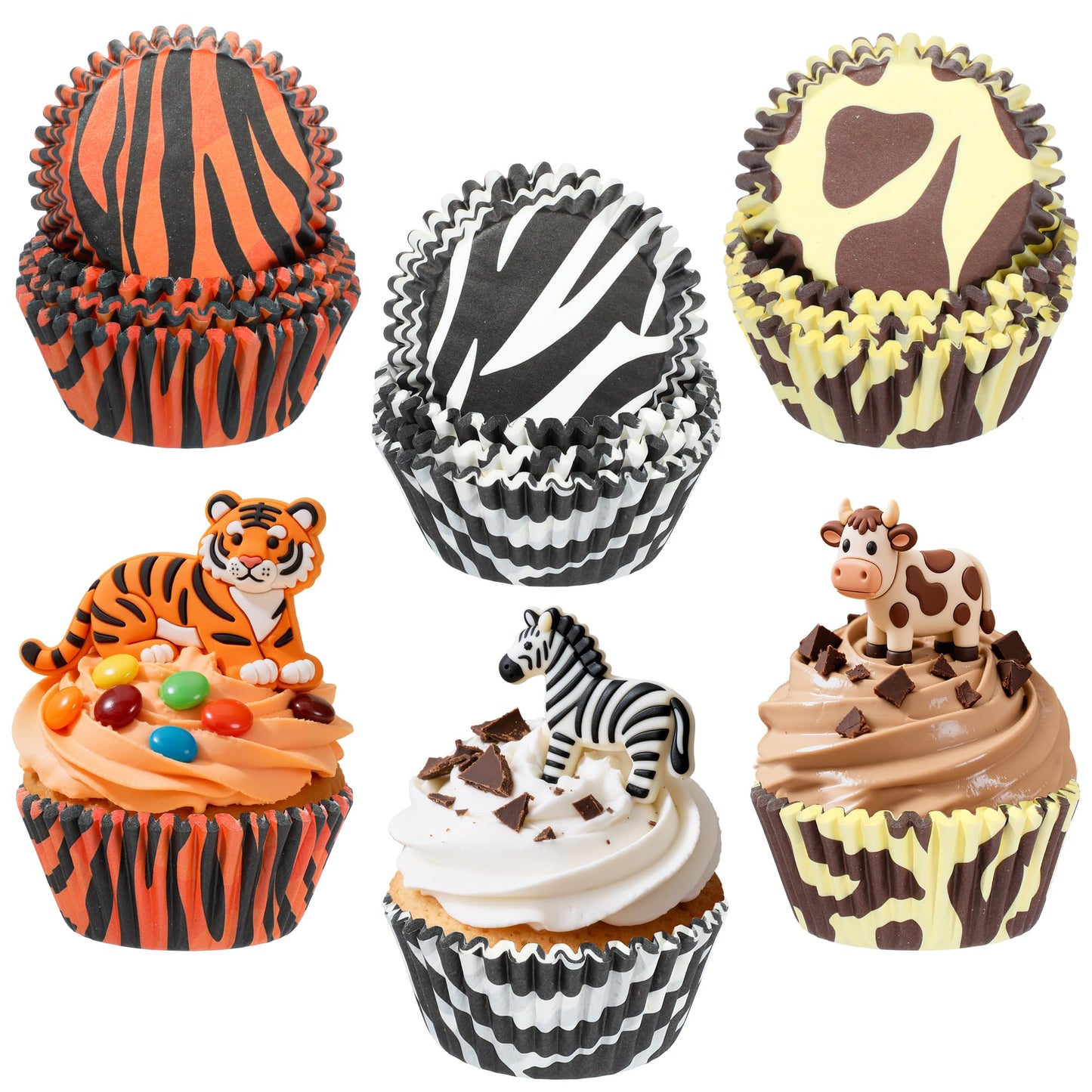 Glavatrix 300PCS Animal Print Cupcake Liners Zebra Tiger Cow Print Standard Size Muffin Cupcake Wrapper Paper Baking Cups for Zoo Safari Baby Shower Jungle Animal Theme Birthday Party Candy Cake Decor