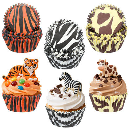 Glavatrix 300PCS Animal Print Cupcake Liners Zebra Tiger Cow Print Standard Size Muffin Cupcake Wrapper Paper Baking Cups for Zoo Safari Baby Shower Jungle Animal Theme Birthday Party Candy Cake Decor