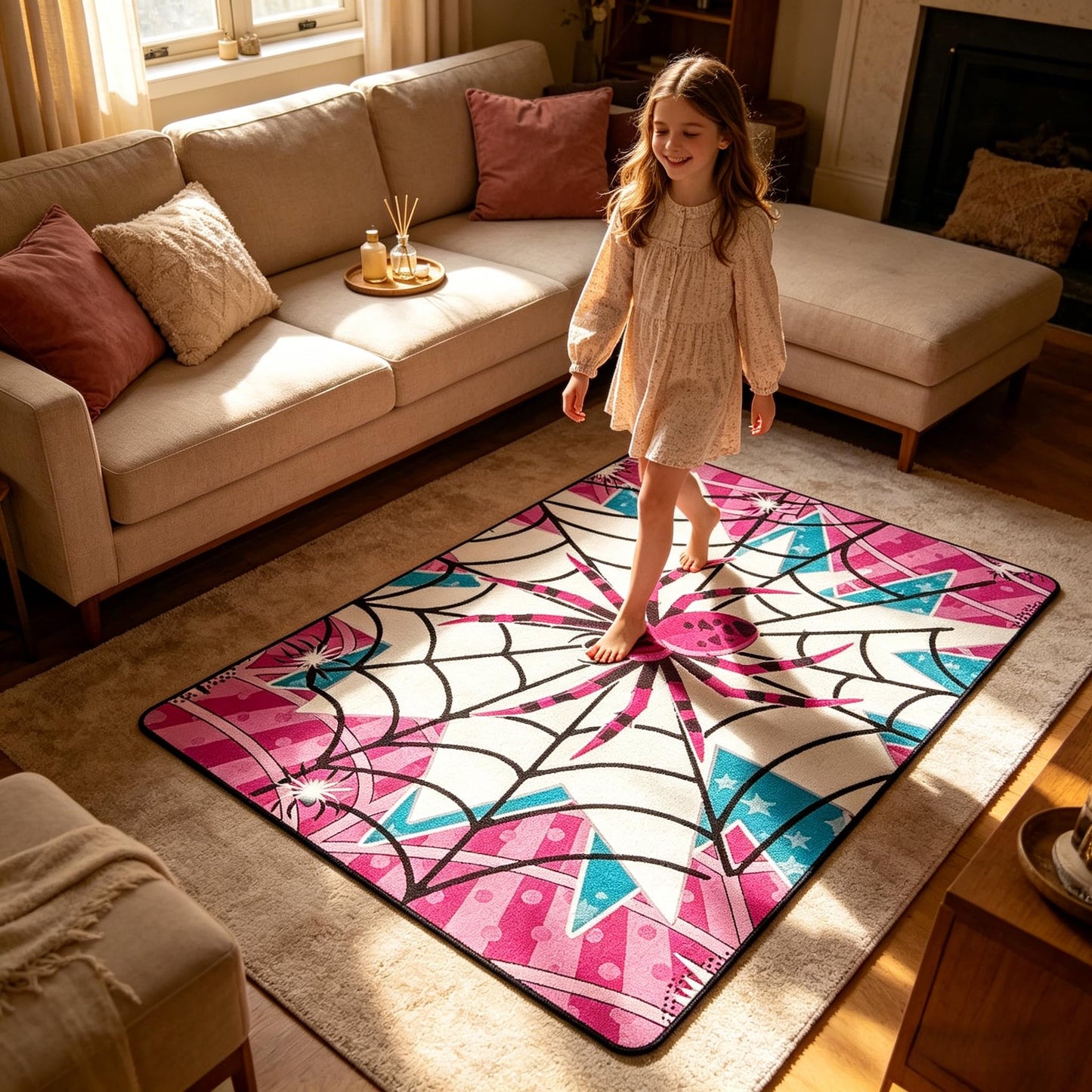 Manfei Pink Spider Kids Area Rug,Black Spider Web Halloween Gothic Trippy Indoor Floor Mat Entrance Rug for Girls Boys,Stars Stripe Geometric Non Slip Rug,Unique Couch Living Room Decor,5'x6'6''