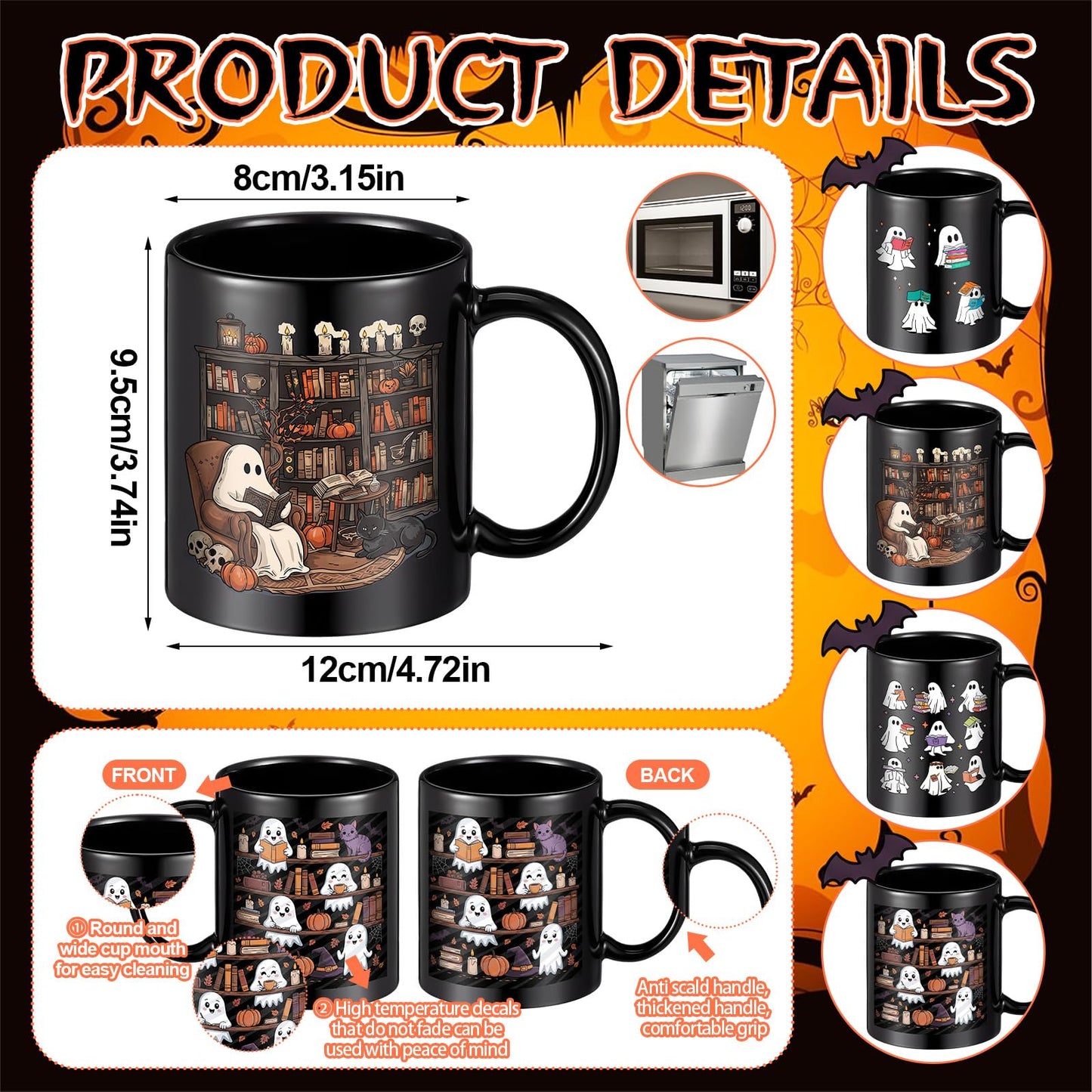 Potchen 4 Pack 12 oz Halloween Coffee Mug Book Lover Coffee Mugs Dishwasher Microwave Safe Porcelain Bookworm Cups Bookish Gifts for Man Women(Ghost Style)