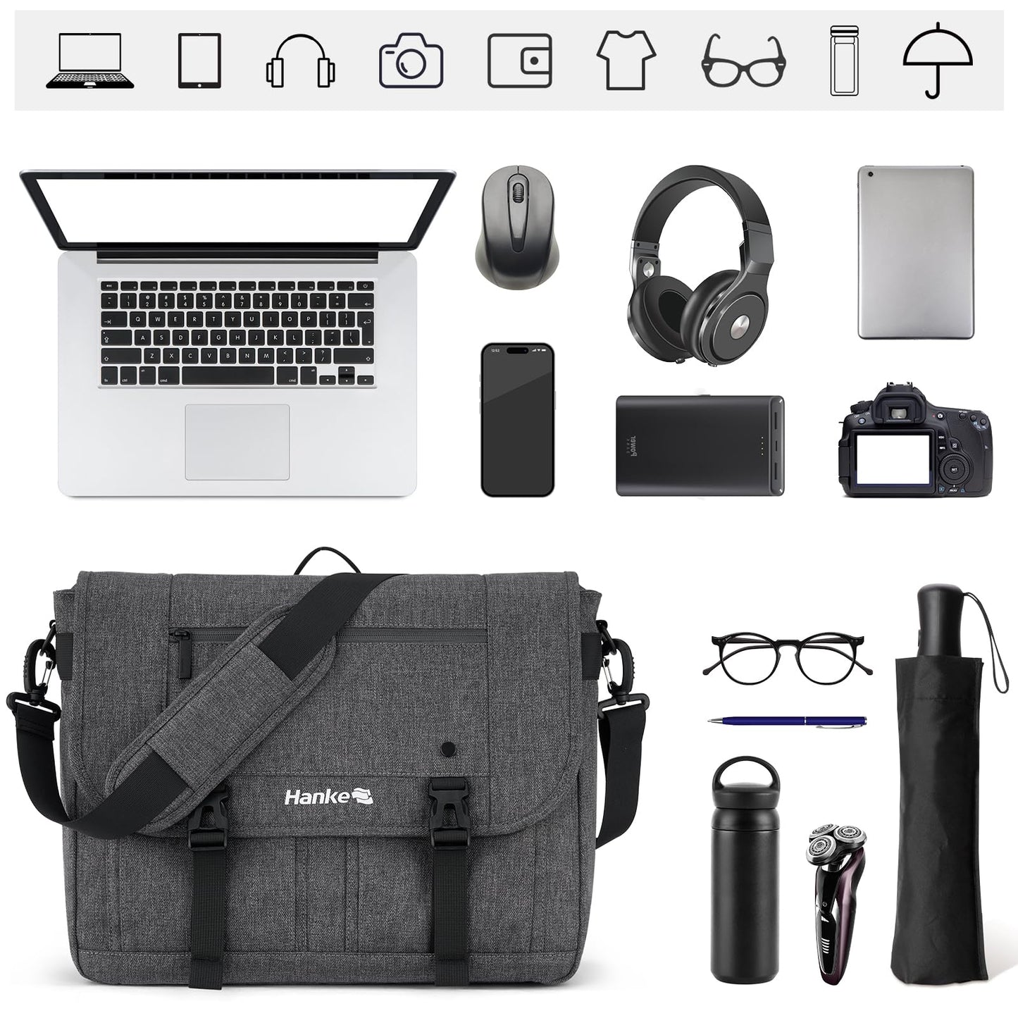 Hanke Durable Messenger Bag for Men with 15.6 Laptop Case, Business Cross Body Bag Briefcase for Women,School or Work Tote Bag Large Messanger Bag.（Dark Grey）