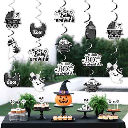 Kreatwow Halloween Baby Shower Decorations Black White 24pcs A Little Boo Is Almost Due Hanging Swirls A Baby Is Brewing Party Little Boo Party Decor Spooky Hanging Streamer for Pregnancy Celebration