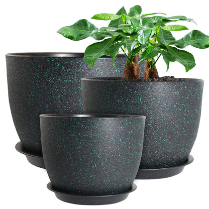 UOUZ 12/10/9 Large Modern Plant Pots, Plastic Planters with Drainage Holes and Saucers for Indoor Outdoor Plants Flowers, Black with Green Speckles