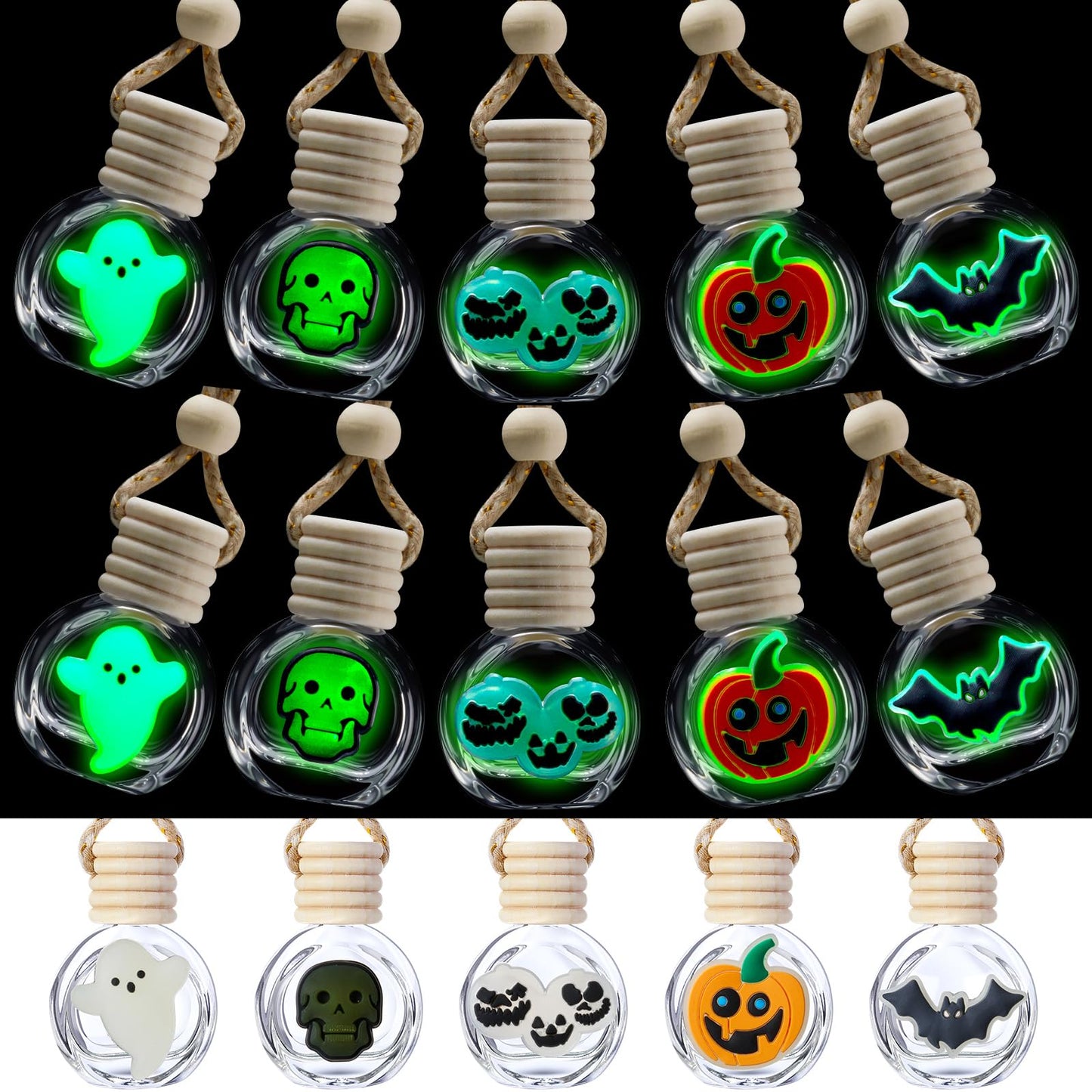 Sunnychicc 10 Pcs 10ml Ghost Car Hanging Air Freshener Diffuser Perfume Bottles with Glow in The Dark Skull Ghost Bat Pumpkin Spice Refillable Empty Glass Essential Oil Pendant for Car (Halloween)