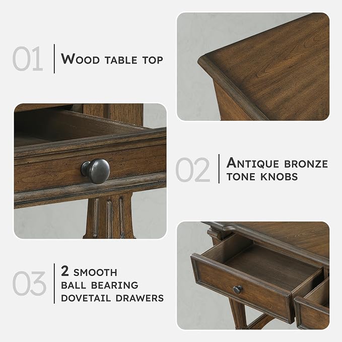 Lexicon Rectangle Wood Sofa Table with 2 Dovetail Drawers, Cherry Veneer Console Table with Antique Bronze Knobs & Sturdy Wood Construction for Elegant Living Room, Entryway, Easy Assembly, Brown