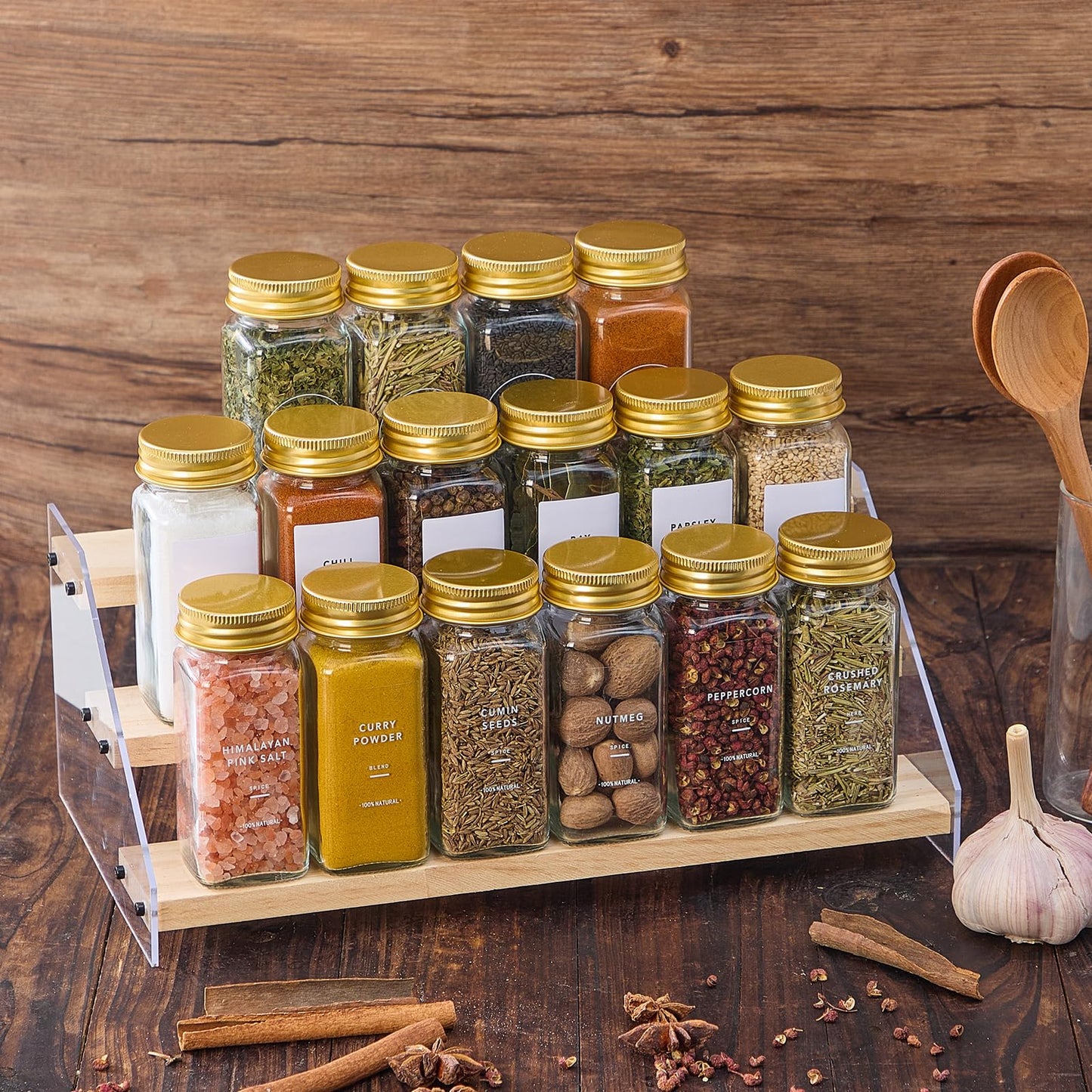 Fiwence 36 Pcs Glass Spice Jars with 576 Labels, 4oz Empty Square Spice Containers,Seasoning Bottles with Gold Metal Caps - Shaker Lids, Funnel and Pen Included