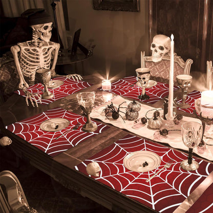 Halloween Red Cobweb Placemats Set of 4, Placemats Dining Table Mat Set,12x18 Washable Stain Resistant Wipeable Cloth Placemat for Kitchen Buffet Parties