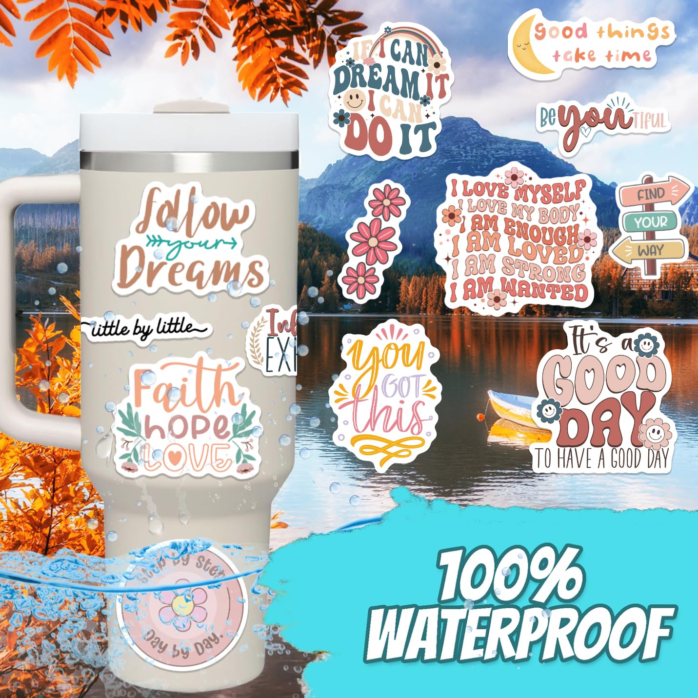 300PCS Motivational Stickers for Vision Board by Puraesla Water Bottles Laptops, Inspirational Quote Waterproof Vinyl for Journals Cups, Affirmation Boho Stickers for Women Holographic