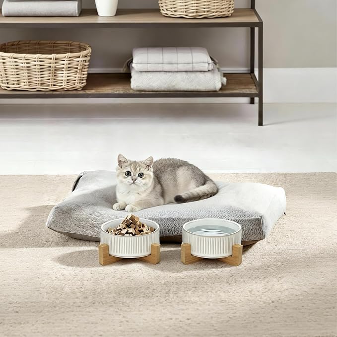 Elevated Ceramic Cat and Dog Double Bowl Set - 14 oz Lead-Free Feeder with Two Natural Bamboo Wood Stands (White Stripes)