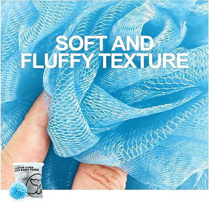 Loofah Bath Sponges - Gentle Exfoliating Shower Loofah for Rich Lather, Durable Mesh Body Scrubber for Men & Women 4 Pack (Sky Blue) | Durable mesh creates rich lather, soft exfoliating loofah for men & women daily shower