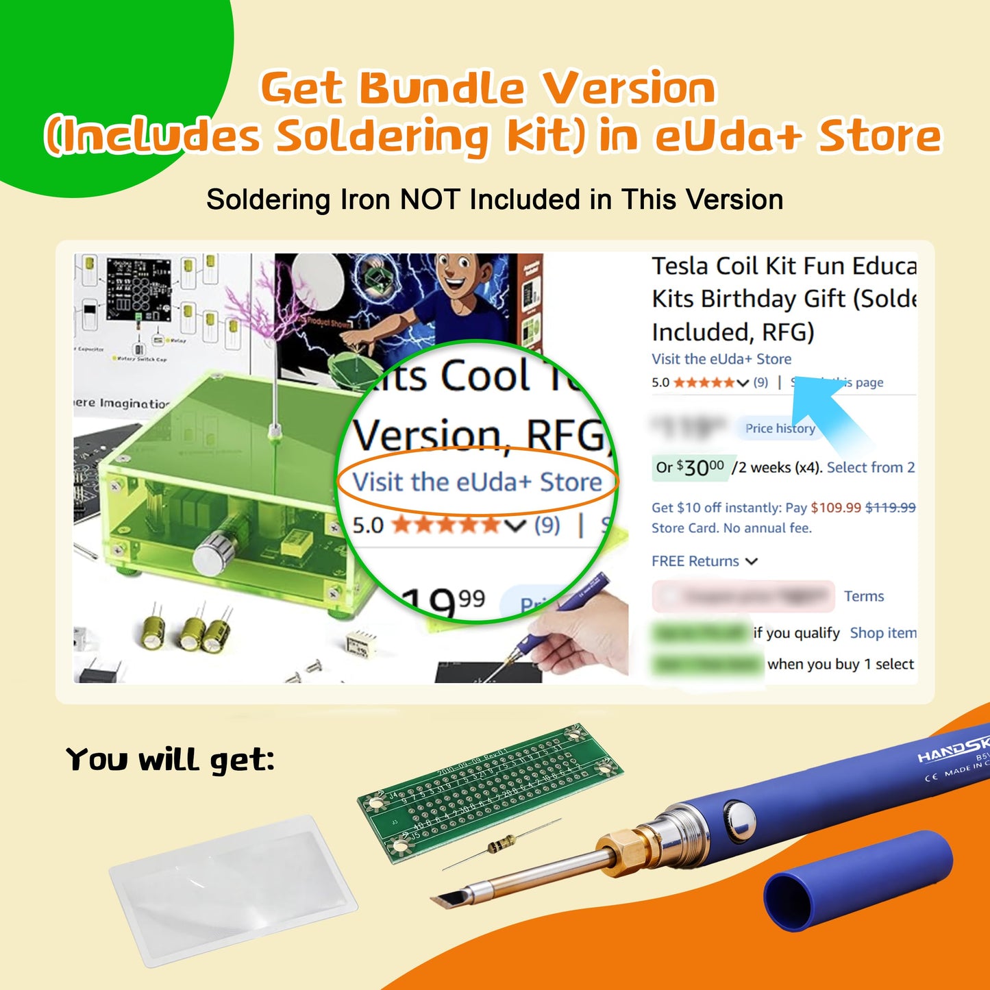 eUda+ STEM Tesla Lightning Kit for Kids&Adults Science Kits for Kids Age 12-14 Build Your Tesla Coil Kit Stem Kits for Kids Age 14-16 Soldering Practice Kit for Beginners 12+ (Soldering Version, RFG)