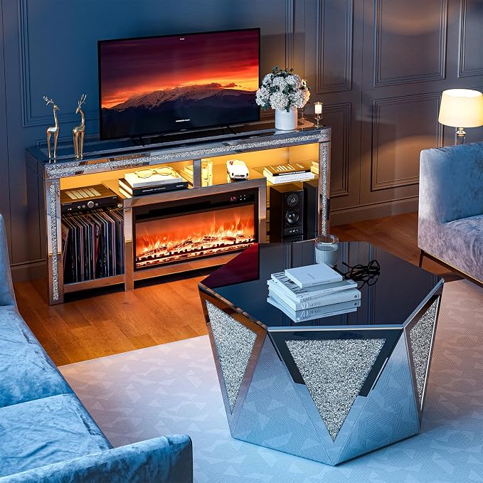 IKIFLY Mirrored Coffee Table with Crushed Diamond, Luxury Hexagon Silver Coffee Table, Living Room Table for Art Deco Office