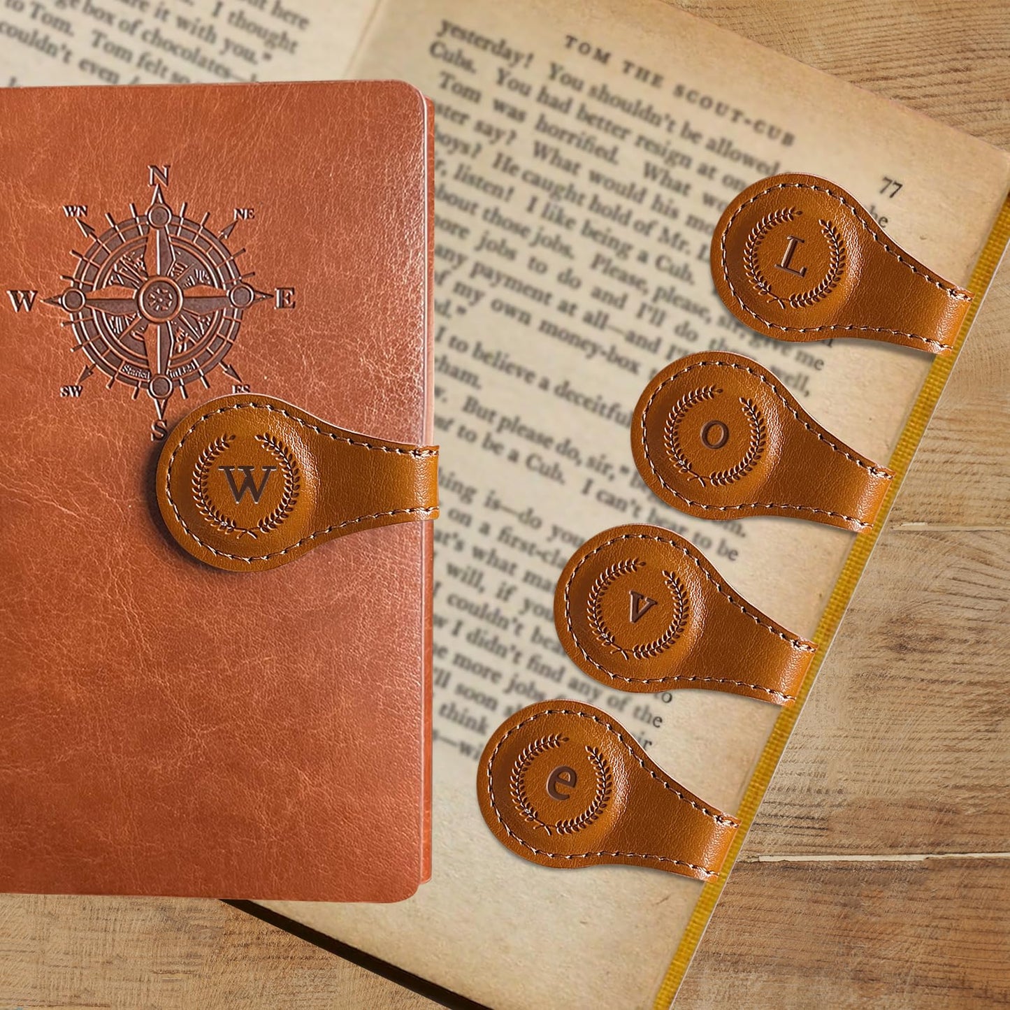 Leather Magnetic Bookmarks, 3D Embossed Alphabet Initial Letter Bookmark, Cute Page Markers for Books, Journals, Planners, Bible, Small Reading Gifts for Women Men, Teachers, Students (Brown W)
