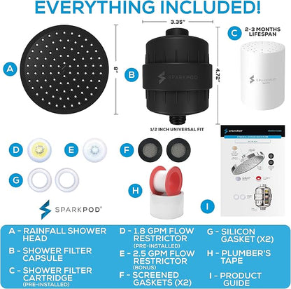 SparkPod 23-Stage Filtered Shower Head, 8" Round, Black Matte | Filtered Shower Head for Hard Water Filter, High Pressure, Reduces Chlorine, Heavy Metals, For Dry Skin & Hair