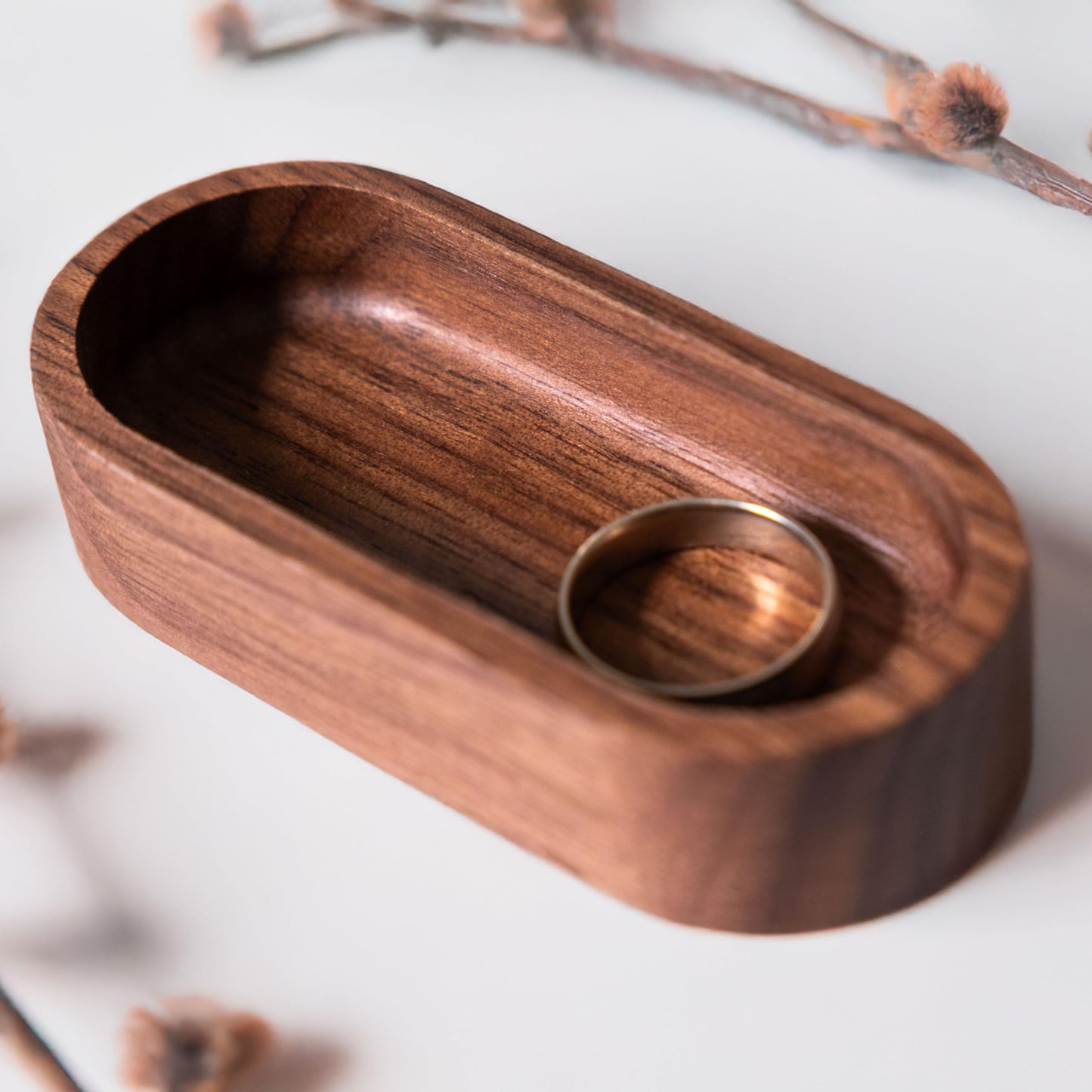 Walnut Wood Oval Ring Jewelry Tray, Mini Hardwood Ring Holder, Jewelry Box Dish