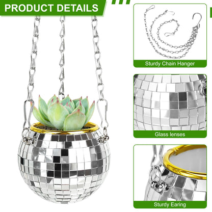 Axigundaone 2 Pcs Disco Ball Hanging Planter, 4 Inch Mirror Disco Ball Planters with Chain,Small Mirror Planter Hanging for Window, Desk